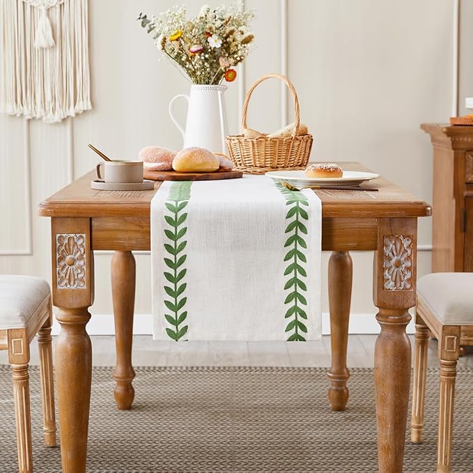 Wracra Embroidered Table Runner Irregular Willow Leaf Table Runners 90 Inches Long for Dresser Home Dining Table Decor,14 x 90 Inch, Green