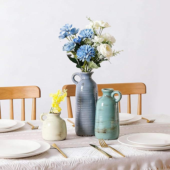 Ceramic Vase Set of 3, Vase with Handle, Modern Farmhouse Vases for Pampas Grass & Dried Flowers, Flower Vase for Table Living Room Home Decor-Multicolor