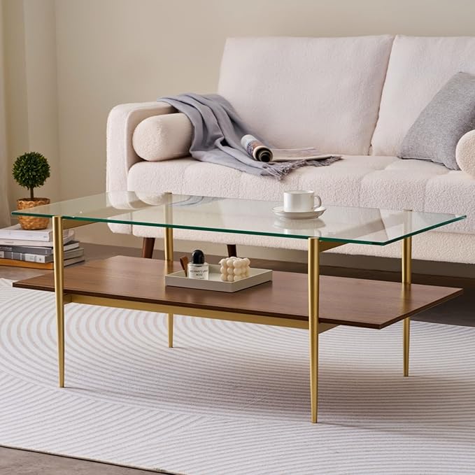LumFurn Rectangle Coffee Table, Mid-Century Modern Design, L41 W21 x H17, for Living Room, 2-Tier Structure, Clear Glass Top and Walnut MDF Shelf, Sleek Conical Metal Legs with Gold Finish