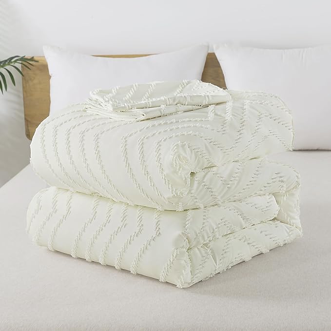 Andency Ivory California King Comforter Set, Boho Cal King Soft Warm Tufted Neutral Bedding Comforter Sets, 3 Pieces Cali King Aesthetic Chevron Farmhouse Cute Bohemian Textured Bedding Set