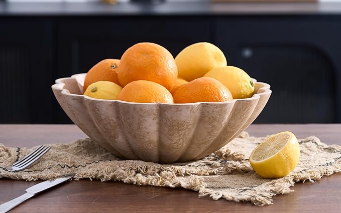 Large Decorative Bowl, Modern Storage Bowls for Home Decor, Artificial Stone Beige Color, Stylish Decorative Fruit Bowl for Kitchen Counter, Key Bowl for Entry Table, Ruffle Decor