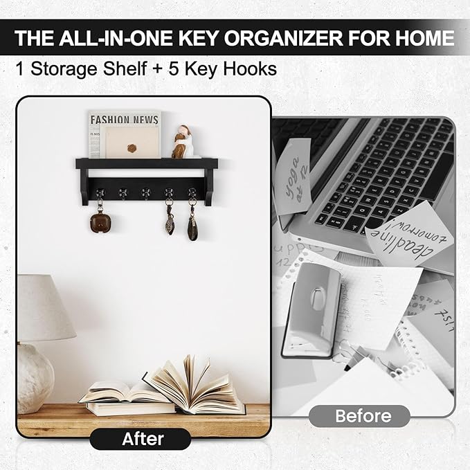 Key and Mail Holder Wall Mount, Key Holder with Shelf and Mail Organizer Wall Mount. Mail Holder with 5 Hooks for Coat, Dog Leash, Home Decor Rack, Entry Way Organizer (Black)