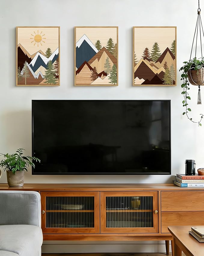 PHOPAGO Mountains Framed Wall Art Morden Boho Woodcut Pine Tree Forest Nature Landscape Artwork Bohemain Kitchen Farmhouse Rustic Home Decor - 11x14in Natural Framed