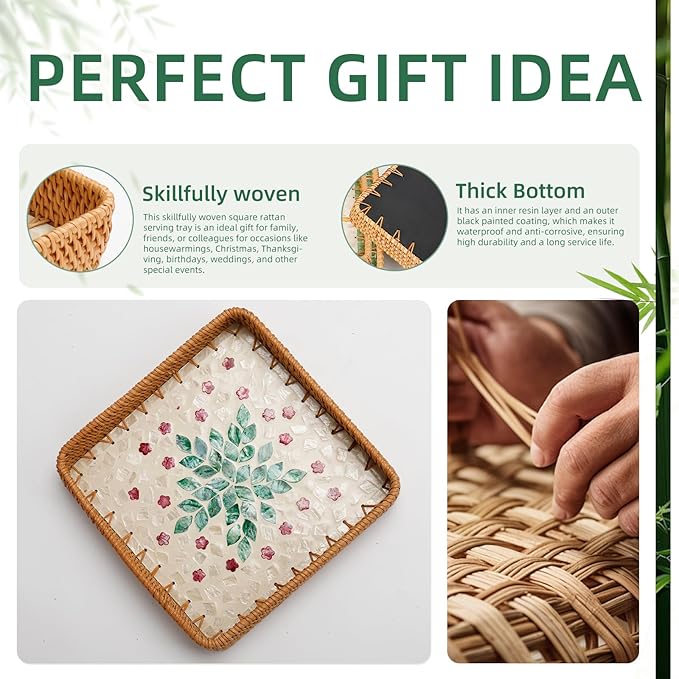1 pcs Rectangle Rattan Serving Tray with Mother of Pearl Inlay, Decorative Wicker Tray for Coffee, Bread, Fruits, Elegant Table Decor for Living Room & Dining Room