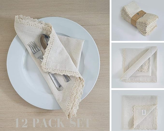 Fingercraft Dinner Napkins Cloth Cotton Blend 12 Pack Premium Quality Mitered Corners Small Table Napkins with Classic Ivory Lace 12 inch Size for Every Day Use in Home and Restaurant Ivory