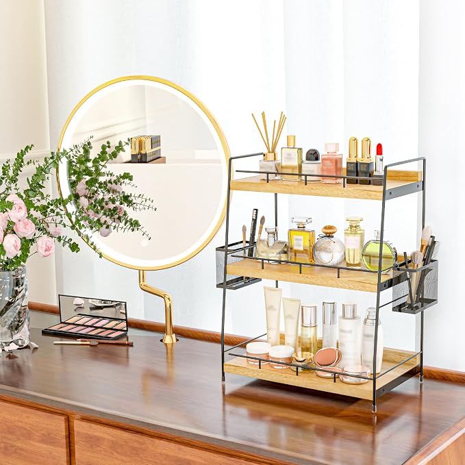 3 Tier Bathroom Counter Organizer with Side Baskets, Wood Countertop Vanity Shelf,Sturdy Metal Frame fits Tall Bottles