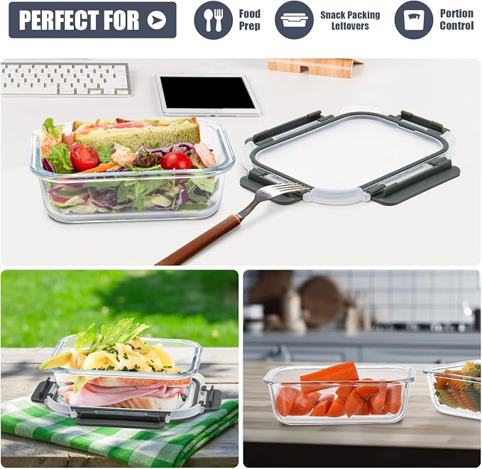 6Pack 22oz Glass Meal Prep Containers, Glass Food Storage Containers Sets with Snap Leak Proof Lids for Microwave, Oven, Freezer and Dishwasher Safe (Grey, 22oz)