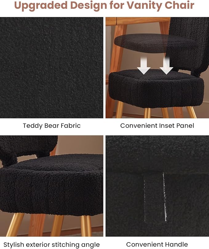 Updated Vanity Chair, Storage Ottoman with Folding Back & Gold-Toned Metal Legs, Ottoman Seat with Teddy Velvet for Dressing Room Living Room Bedroom, 16" x 12.5" Inch