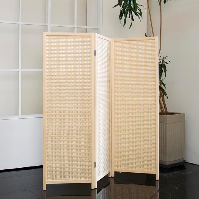 3 Panel Short Room Divider – 3.9 ft Tall Double-Side Folding Privacy Screen, Natural Beige Bamboo Partition Wall for Home Office, Living Room & Corner Spaces