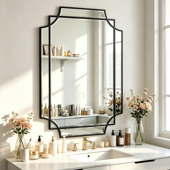 Geometric Beveled Mirror, 36" x 24" Ornate Art Deco Mirror with Wood Frame, Rectangle Accent Wall Mirror for Bathroom, Entryway, Living Room, Bedroom, Horizontal or Vertical Hanging