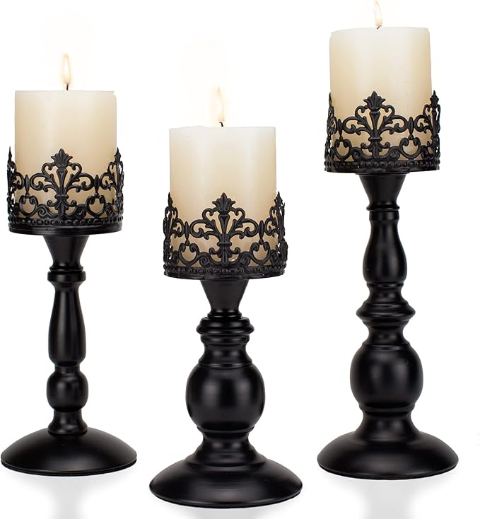 BANOMII Vintage Pillar Candle Holders for Table Centerpiece Set of 3-11'' 9'' 8'' - Matte Black Metal Candle Stands Decorative - Candle Centerpiece for Table Fireplace Decor - Gothic Candle Holder