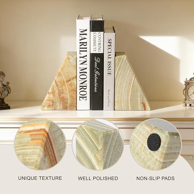 Koville Onyx Bookends, Marble Bookends for Shelves, Natural Stone Book Ends for Heavy Books, Decorative Bookends for Bookshelf Table Home Decor, Heavy Duty bookend for Large Books(Green)