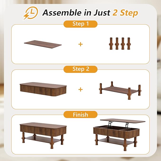 39”Large Lift Top Coffee Table with Hidden Storage Compartment,Fluted Coffee Tables Fully Assembled Wooden Center Table,Mid Century Modern Lift Tabletop Dining Table for Living Room Home Office,Walnut