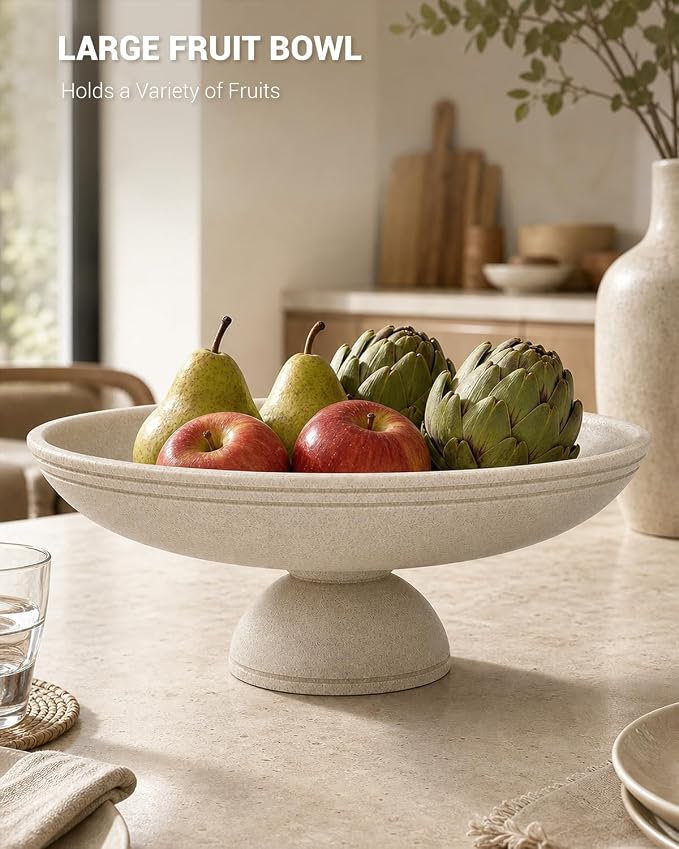 Large Decorative Bowl, Handcrafted Beige Resin Pedestal Centerpiece, Fruit Bowl for Kitchen Counter, Durable Catch-All Dish and Entryway Key Holder, Modern Home Decor, 11.7 in