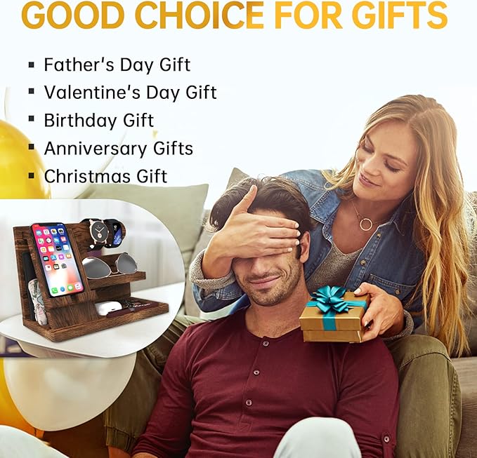 Gifts for Men Wood Phone Docking Station Birthday Gift for Men Valentines Day Gifts Father Gift for Him Boyfriend Nightstand Organizer Desktop Phone Stand