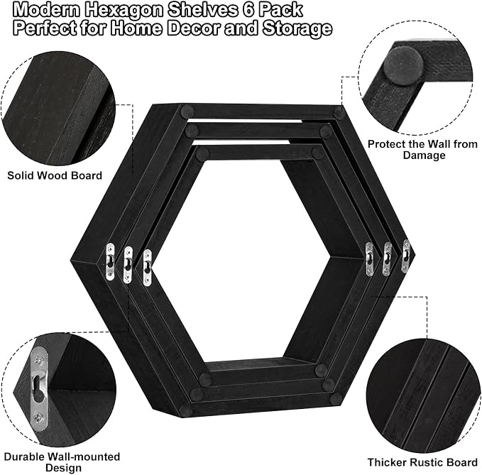 CADUKE Hexagonal Floating Shelves Set of 6 Hexagon Sheves Wall Mount Wood Storage Honeycomb Shelf Farmhouse Wall Decor Shelves for Bedroom Living Room, Black