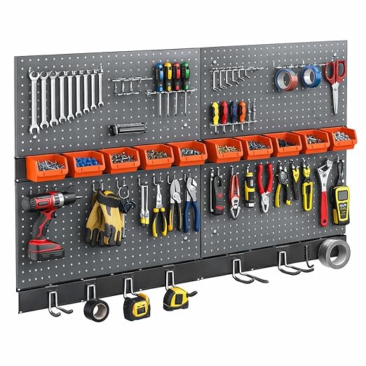 Peg Board Wall Organizer, Metal Pegboard Organizer Kit, 4 Metal Pegboard Panels(12"x24") with 64 Accessories, Wall Mount Large Peg Board Kit with Hooks, Bins for Garage, Workbench, Home