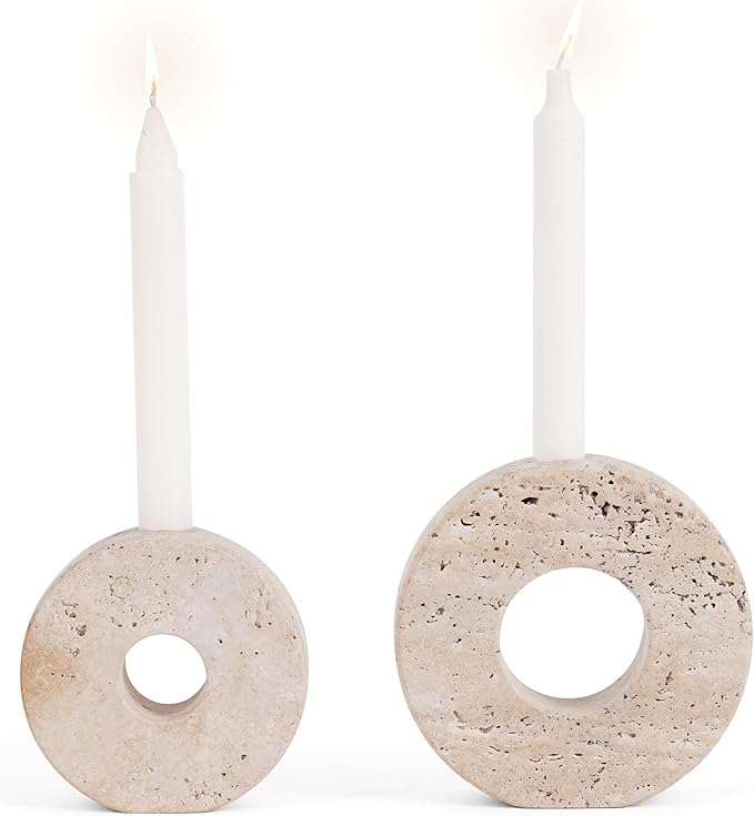 Marble Candle Holder Set of 2 Handmade Candlestick Holders for Taper Candles, Elegant Travertine Candle Stick Holders for Candlesticks, Centerpieces for Tables & Entryway Table Decor