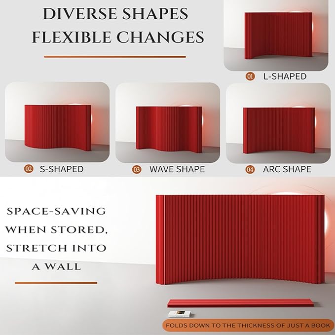 Paper Room Divider, Portable Office Partition Wall, Indoor Folding Folding Screen for Office Room, Studio, Dorm & Retail Spaces, Decorative Party Events Background, Red