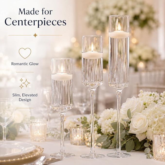 Koyal Wholesale Tall Skinny Floating Candle Holders, Modern Raised Slim Glass Hurricane Pedestal Candles Holder for Weddings, Centerpieces, Home Decor, Parties (Set of 3)