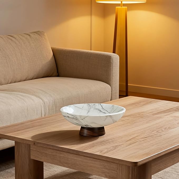 White Marble Texture Decorative Bowl with Acacia Wood Base – 11" Modern Pedestal Fruit Bowl for Table Centerpiece, Entryway or Kitchen Décor