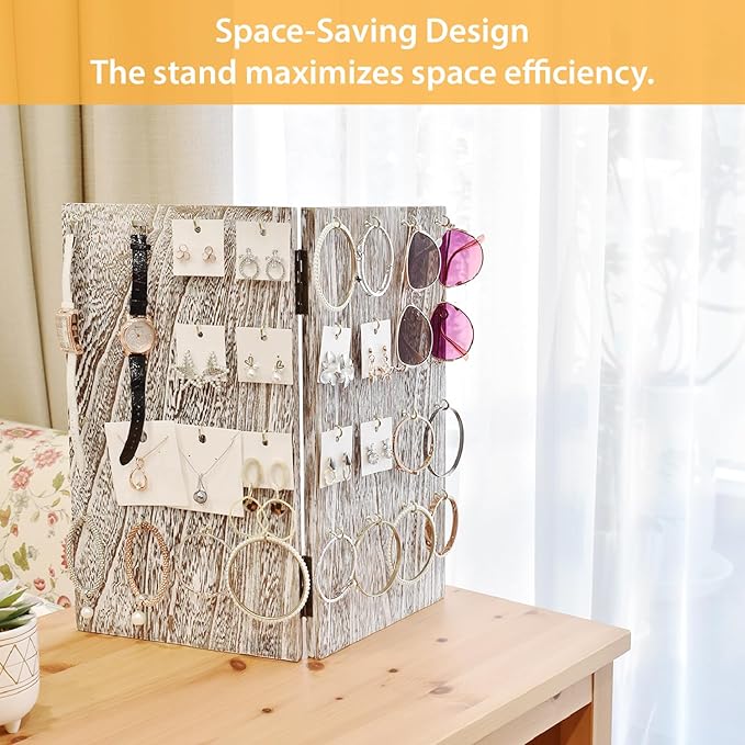 MOOCA Wooden Space Saving Foldable and Portable Jewelry Display Stand with 32 Hooks for Earring Card & KeyChain, Earring Holder, Bracelet Holder, Corner Display, Antique White Color