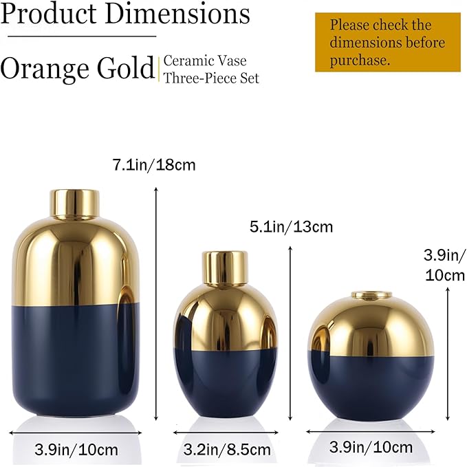 Blue & Gold Ceramic Vase Set of 3, Modern Round Circle Electroplated Two-Tone Decorative Vases for Pampas Grass, Dining Table Wedding Centerpiece, Living Room Bedroom Office Bookshelf