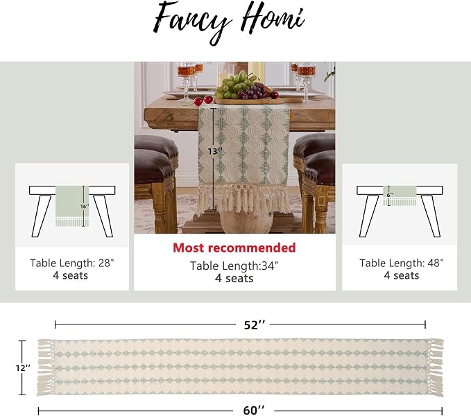 Fancy Homi Sage Green Boho Cotton Polyester Table Runner 60 Inches Long, Farmhouse Macrame Table Runners with Tassels for Home Party Bohemian Rustic Bridal Shower Kitchen Dining Decor 12x60 Inches