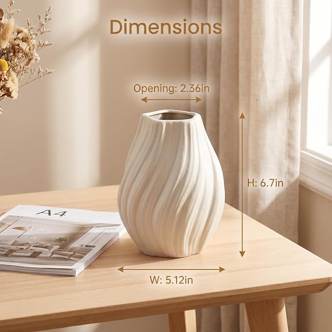 Modern White Ceramic Vase,Nordic Boho Geometric Striped Round Decorative Vase for Living Room,Shelf, Wedding&Dining Table Centerpiece, Farmhouse Home Decor, Office Decoration (Coffee Brown)