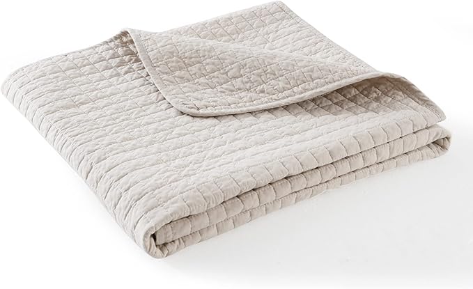 100% Cotton Quilted Throw Decorative Throw Blanket Multi Color Super Soft Warm Indian Vintage Reversible Quilt for Sofa and Couch 50"x60" (Natural Beige)