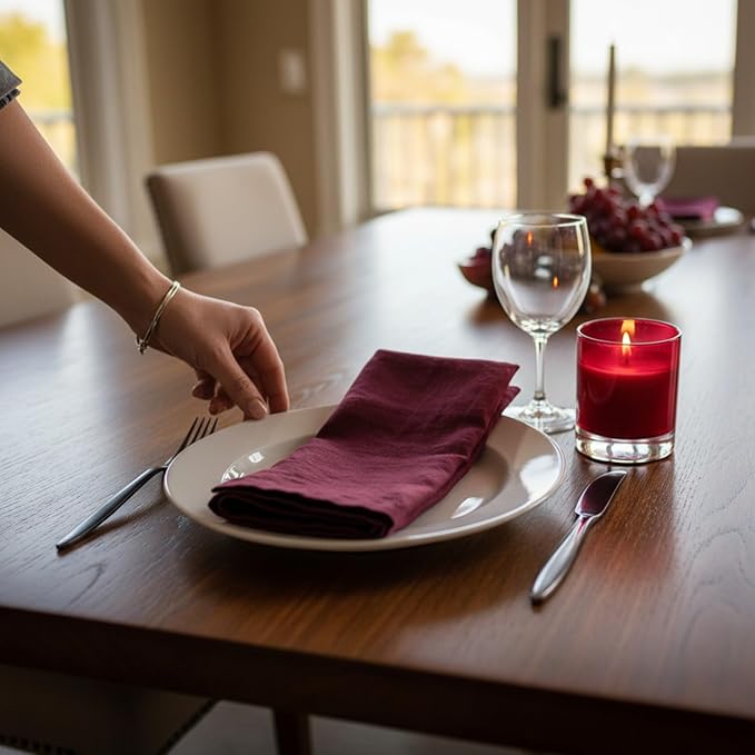 Hemstitched Linen Napkins – 20 Inch x 20 Inch – Stonewashed Pure Linen Cloth Dinner Napkins with Mitered Corners - 100% French Flax – Machine Washable - Set of 4 (Burgundy)