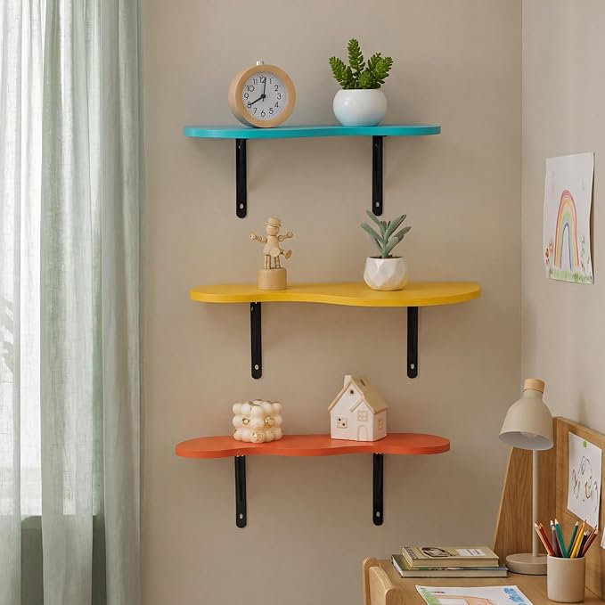AceOrbit 3 Pcs Floating Shelves Wavy Cloud Shelves Wooden Shelf Live Edge Wall Mount Shelf Rustic Farmhouse Modern Ledge for Bedroom Living Room Home Decor Housewarming Gifts (Mid Century Color)