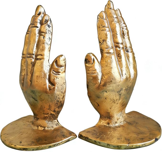 Hand Bookends Decorative, Heavy Duty Cast Iron Book Holder, Prayer Hand Book Ends for Shelves Living Room Home Decor Office, Antique Gold, 1 Pair/2Pieces
