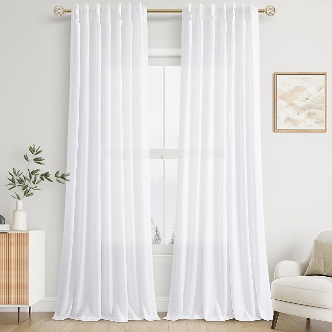Aersas White Pinch Pleated Linen Curtains 105 Inches Long for Living Room Pinch Pleat Hooks for Track Back Tab Light Filtering Boho Farmhouse Semi Sheer 105 Inch Curtain for Dining Room Bedroom
