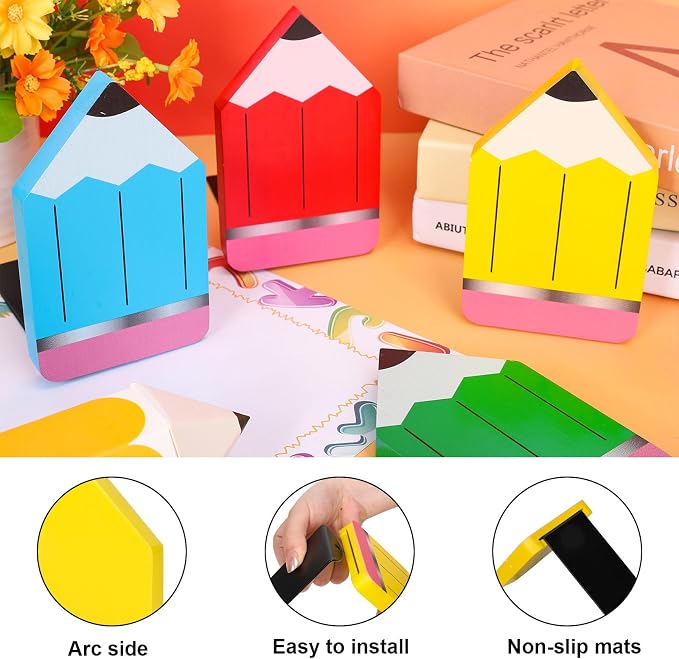 FYSUIMU 4Pcs Back to School Wood Bookends Colorful Pencil Shape Wooden Book Stands Chic Non Skid Book Stoppers for Heavy Books Home School Office Library