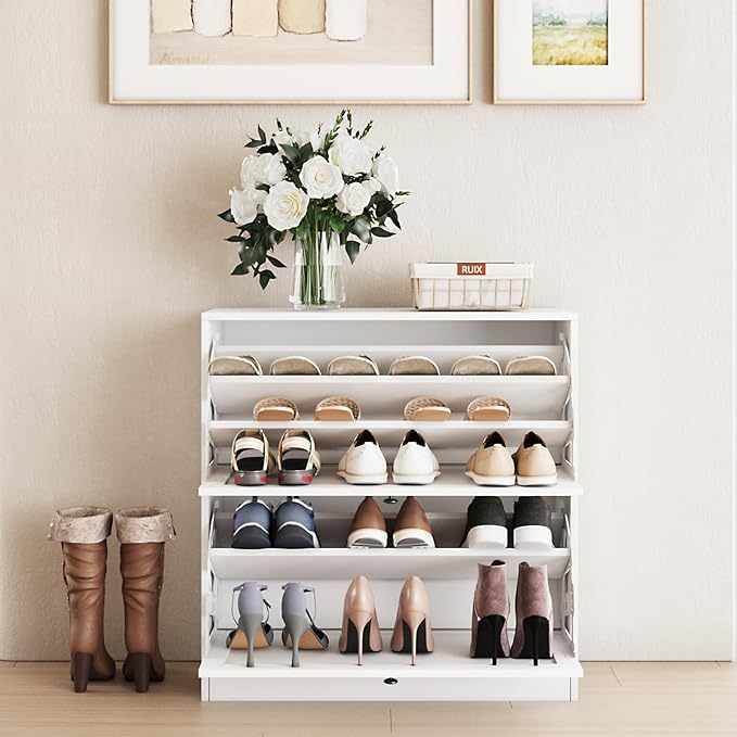VOWNER Shoe Cabinet with 2 Flip Drawers, Shoe Storage Cabinet with 3-Tier Shoe Rack & Adjustable Shelves, Shoe Organizer for Entryway, Hallway, White