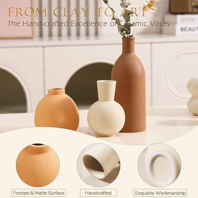 Joeabor Ceramic Vase Set of 3 - Handcrafted Ceramic Vases for Home Decor & Shelf - Modern Farmhouse Decor for Kitchen, Office, Bedroom & Living Room Decorative Objects for Mantel, Table Centerpieces