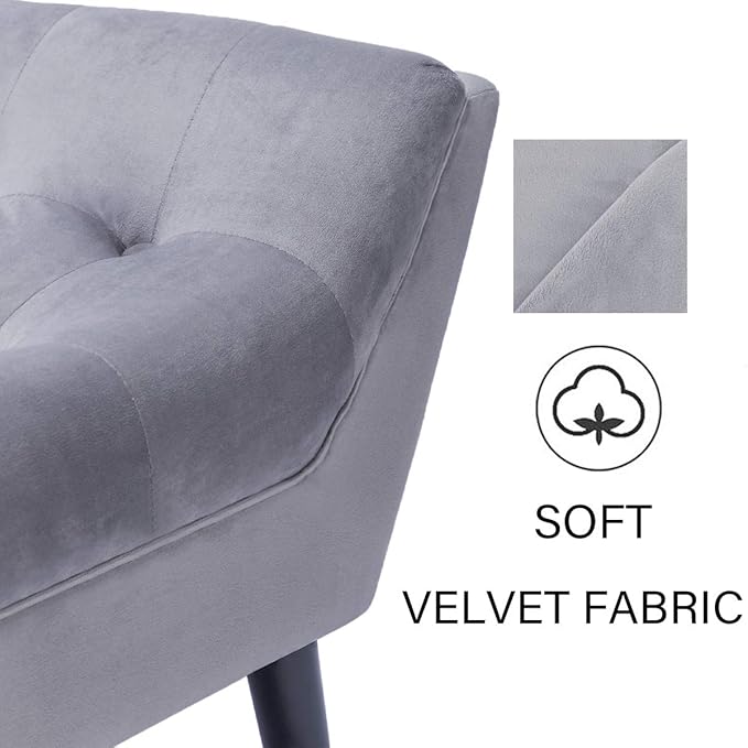 Alunaune Velvet Tufted Ottoman Bed Bench for Bedroom End of Bed Bench, Upholstered Entryway Bench Storage Ottoman Footstools with Wood Legs-2 Seater, Light Gray