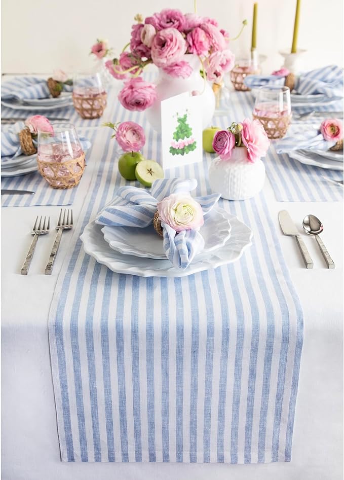 Solino Home Linen Table Runner 72 Inches Long - Amalfi Stripe, 100% Pure Linen Sky Blue and White Table Runner 14 x 72 Inch for Dining, Dresser, Summer