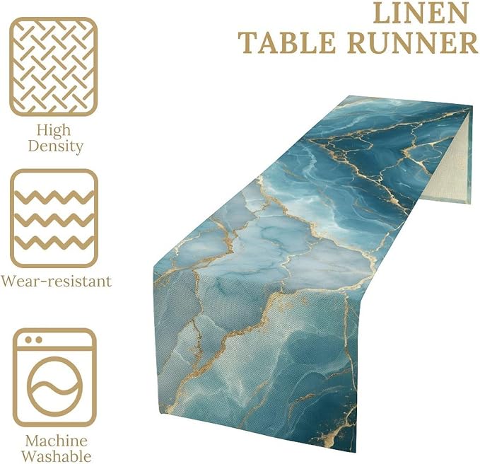 Blue Marble Table Runner, Blue Grey Stone Abstract Textured Modern Decoration Table Runner for Kitchen Dining Home Party Decor, 13x70 Inch