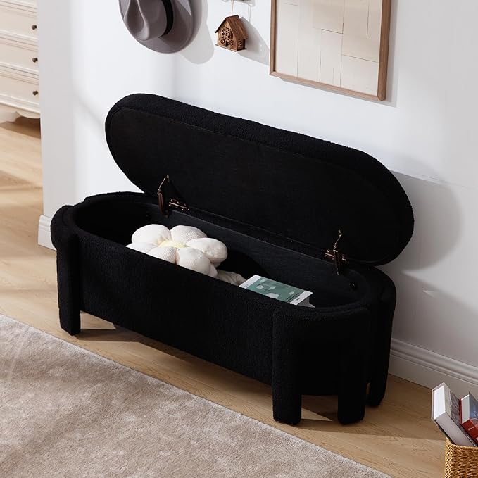 Black Storage Bench for Bedroom 47.25 in Modern Boucle Upholstered Ottoman with Storage Space for End of Bed/Living Room/Closet/Lounge/Window Corner, Black