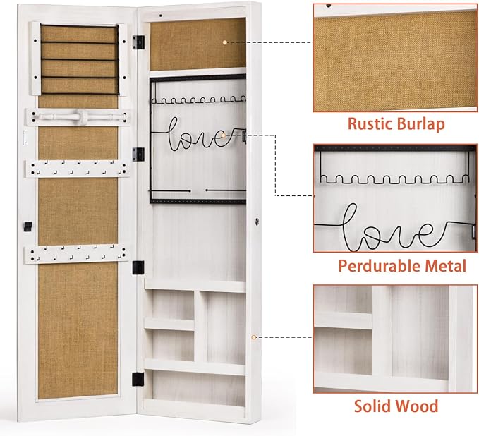 SRIWATANA Jewelry Armoire Cabinet, Solid Wood Jewelry Organizer with Full Length Mirror Wall/Door Mounted(Washed White)