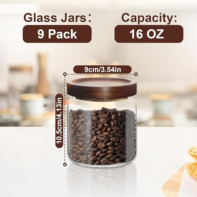 16oz Glass Airtight Food Storage Jars with Acacia Wood Lid - Kitchen Canisters for Coffee,Tea,Sugar,Spices,Herbs,and Candy - Airtight,Eco-Friendly, and Stylish for Pantry or Countertop (9PCS)