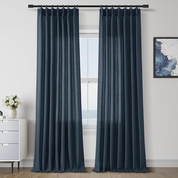 Aersas Denim Blue Pinch Pleated Linen Curtains 96 Inch Length 2 Panels for Living Room Bedroom Semi Sheer Window Curtain Boho Neutral Back Tab Pinch Pleat Drape with Hooks 40x96