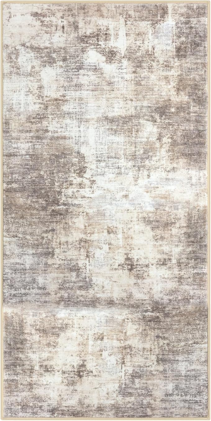 IOHOUZE Abstract Runner Rug 2x4 Ft Entryway Rugs Washable Door Mat Indoor Entrance, Rubber Backed Entryway Runners, Printed Faux Wool Non Slip Floor Carpet for Foyer Front Door Sink, Beige Brown
