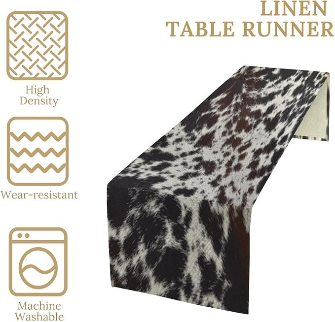 Cow Print Table Runner,Farmhouse Western White Black Cowhide Pattern Table Runner for Coffee Table Dining Room Table Bedroom Party Holiday Decor 13x90inch
