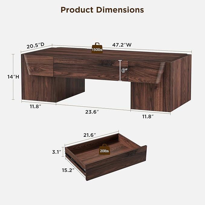JXQTLINGMU 47" Modern Coffee Table with Storage, Wood Large Coffee Table with Drawer, Rectangle Center Table for Living Room, Brown