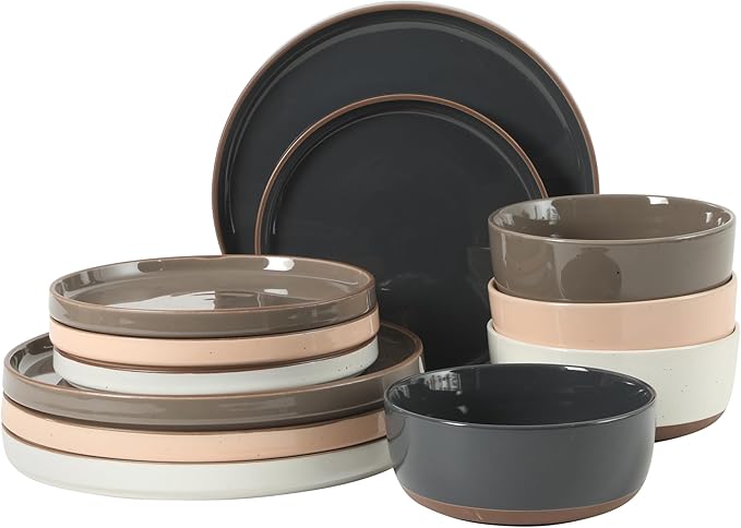Gibson Elite Northrock Stoneware Dinnerware Set, 12-Piece Service for 4 Plates and Bowls Set – Assorted Colors Blue, White, Pink, Gray Dishes with Hand-Painted Terracotta Base