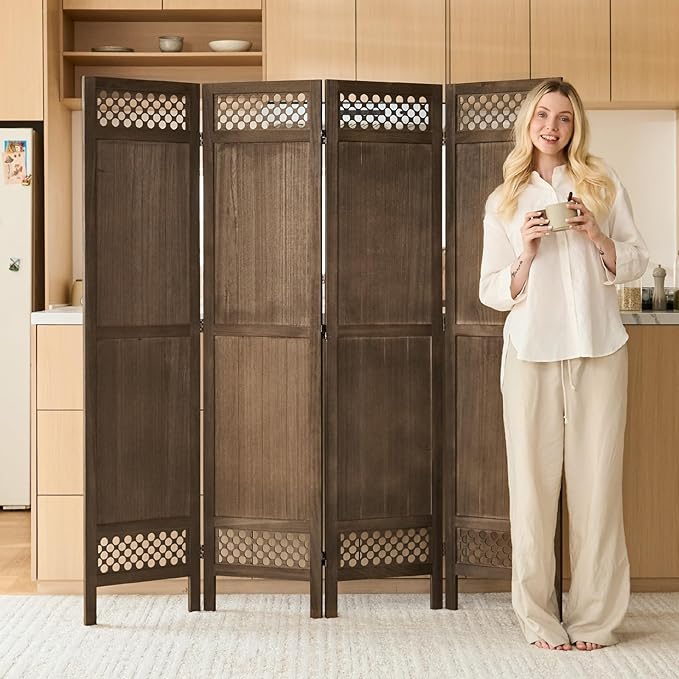 Privacy Screen Room Divider Panel - Real Wood Folding Partition Room Dividers, No-Assembly Required, Enhance Privacy and Aesthetic Appeal, Ideal for Home or Office Brown 67 Inch Tall 4 Panel