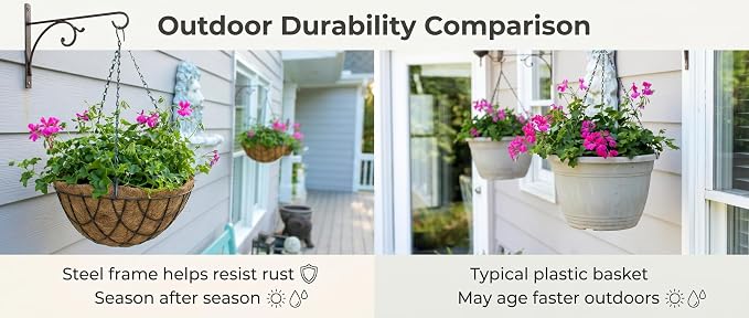 Kingbuy 12 Inch Metal Hanging Planter Basket 2 Pack - with Coconut Fiber Liners, Rustproof 3-Chain System, Quick Drainage for Indoor/Outdoor Window Balcony Patio, Weather-Resistant Coating